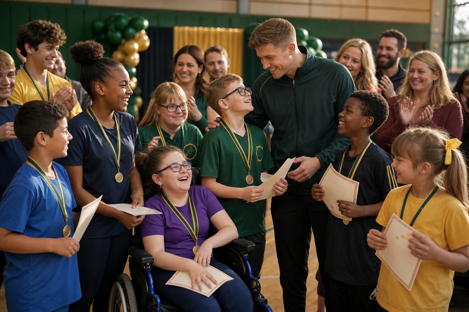 Children celebrating with medals and certificates at a United Games event